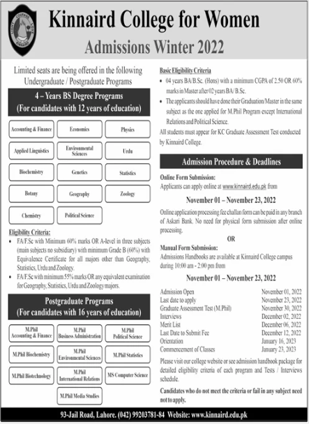 Kinnaird College Lahore Admission 2022 Winter Semester, Form, Test Result, Merit List