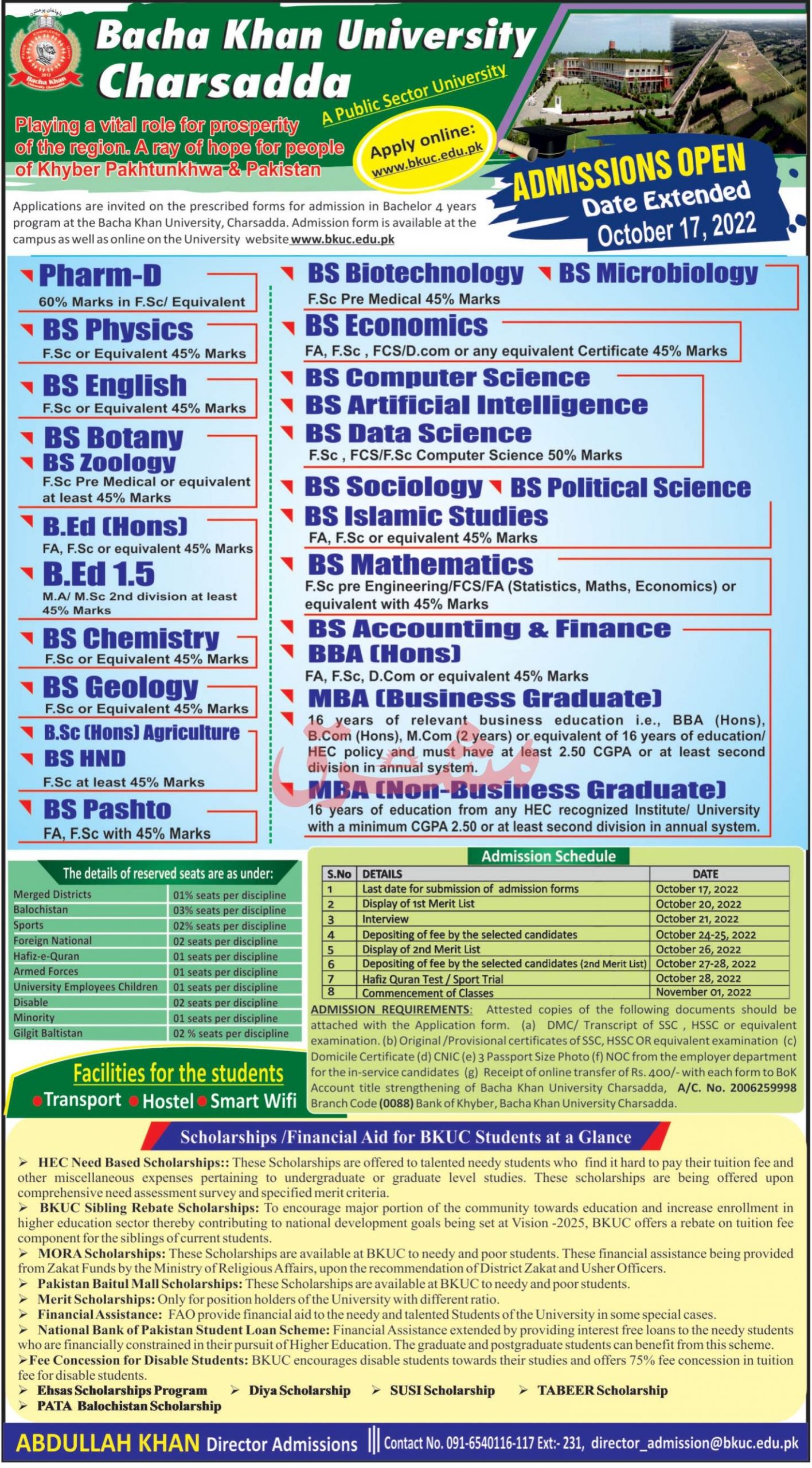 Bacha Khan University Charsadda Admission 2022 Schedule, Last Date