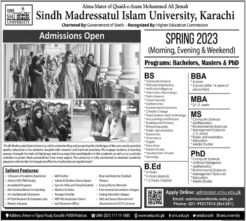 Sindh Madressatul Islam University SMIU Admission 2023, Entry Test