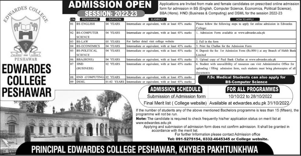 Edwardes College Peshawar Admission 2022 in Undergraduate Programs, Form Download