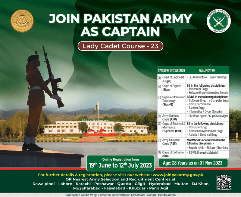 Join Pak Army as Captain 2023 Through Lady Cadet Course (LCC 23)