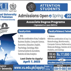 VU University Admission 2023 in ADP (Associate Degree Programs), Apply Online