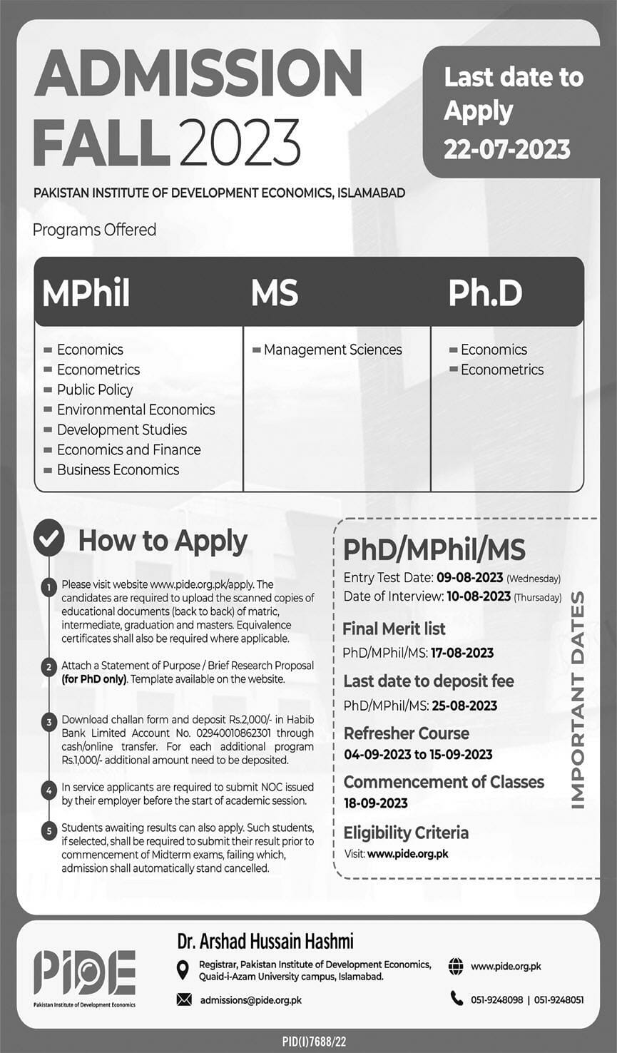 PIDE Islamabad Admission 2023 in MSc, MBA, MPhil & PhD-Form & Test Result
