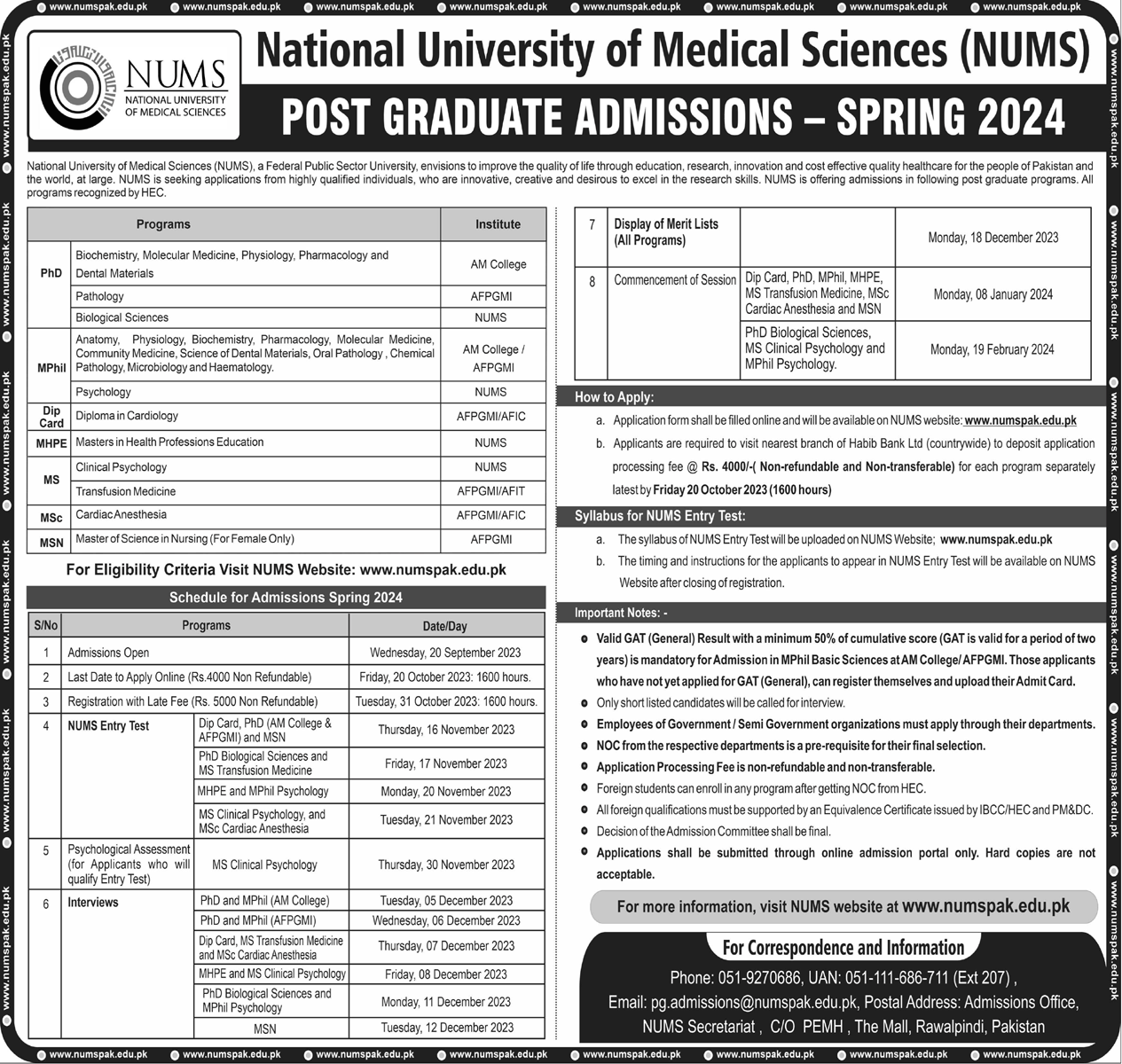National University of Medical Sciences NUMS PG Admission 2024