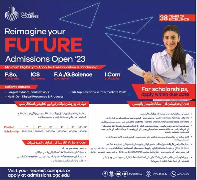 Punjab College 1st Year Admission 2023, Free Education & Scholarships