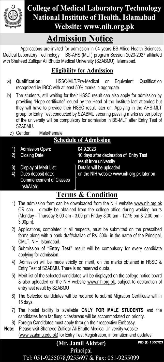 CMLT NIH Islamabad Admission 2023 in BS MLT, Form, Merit List