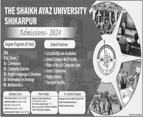 The Shaikh Ayaz University Shikarpur SAUS Admission 2024 in BS Programs